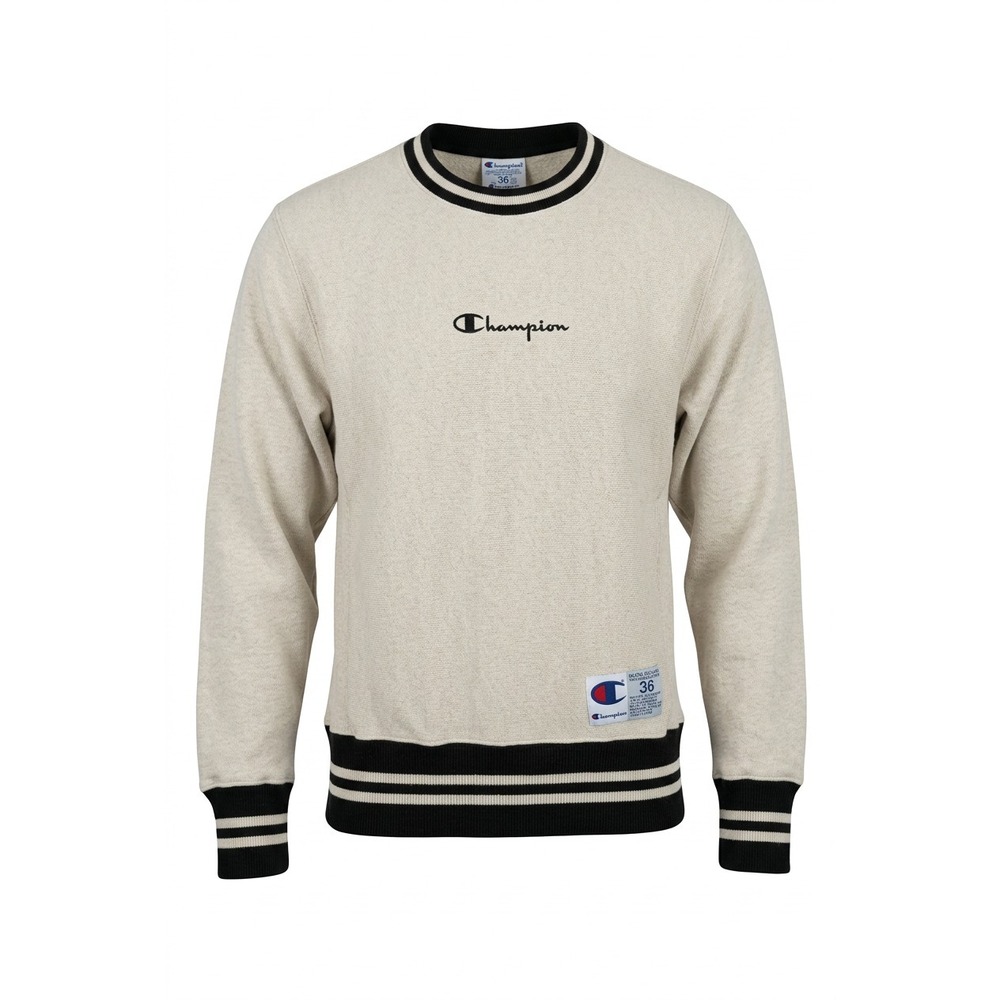Champion Reverse Weave Crewneck Sweatshirt Small Beige Black Trim Embroidered Lo